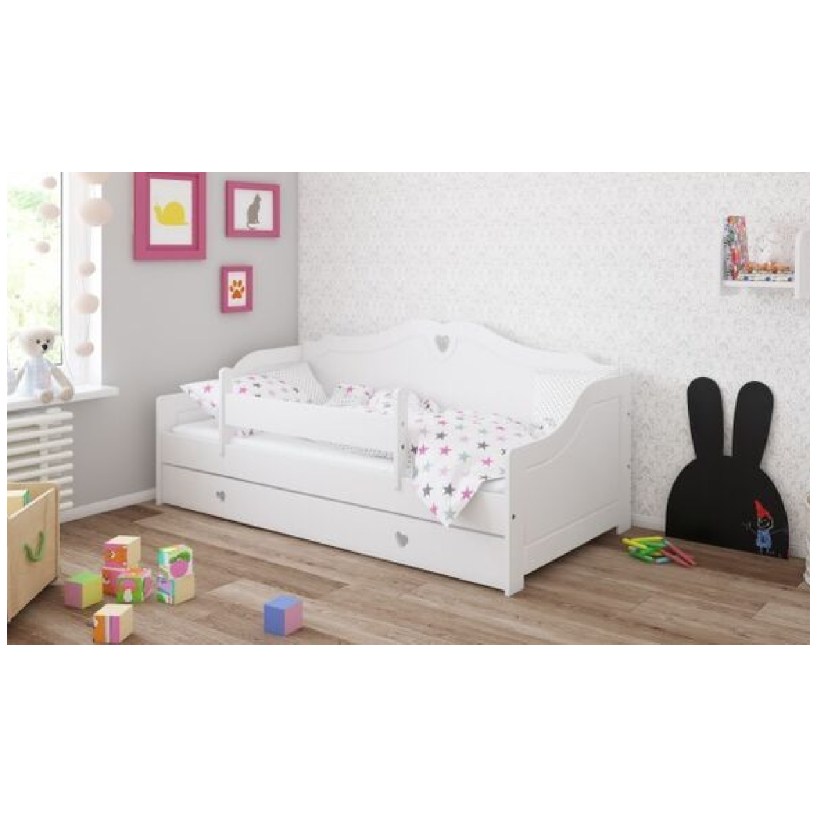 Lastevoodi Zuzia 180×80 pesukastiga valge