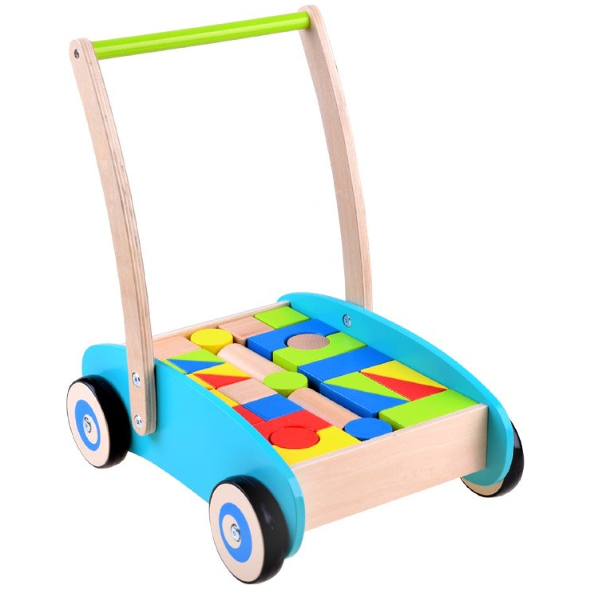 Puidust tõukur-jalutuskäru, klotsidega