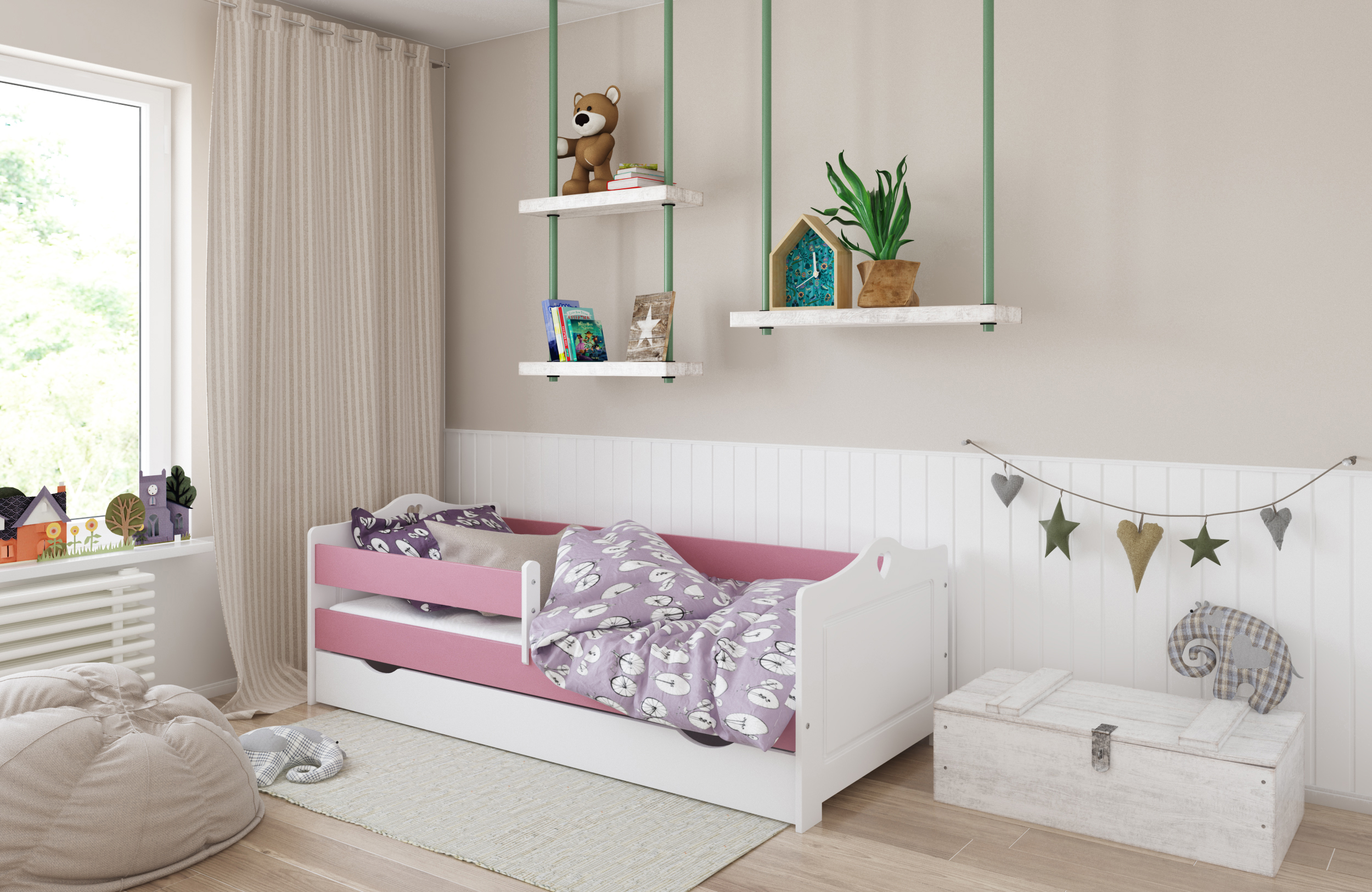 Детская кроватка Emma 140 × 80 с бельевым ящиком розовая