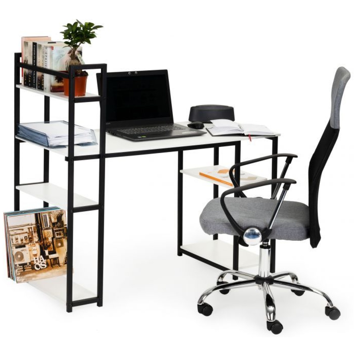 Loft stiilis arvutilaud riiulitega – valge/ must metall