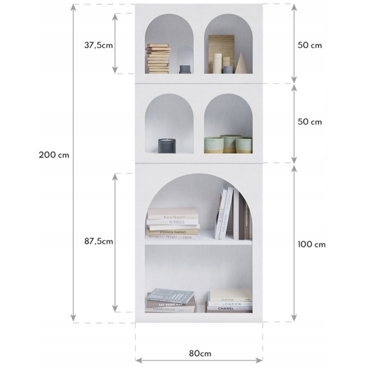 Regal-NOWOCZESNY-80cm-ozdobny-z-polkami-w-ksztalcie-lukow-BIEL-skandynawski-Wysokosc-mebla-200-cm