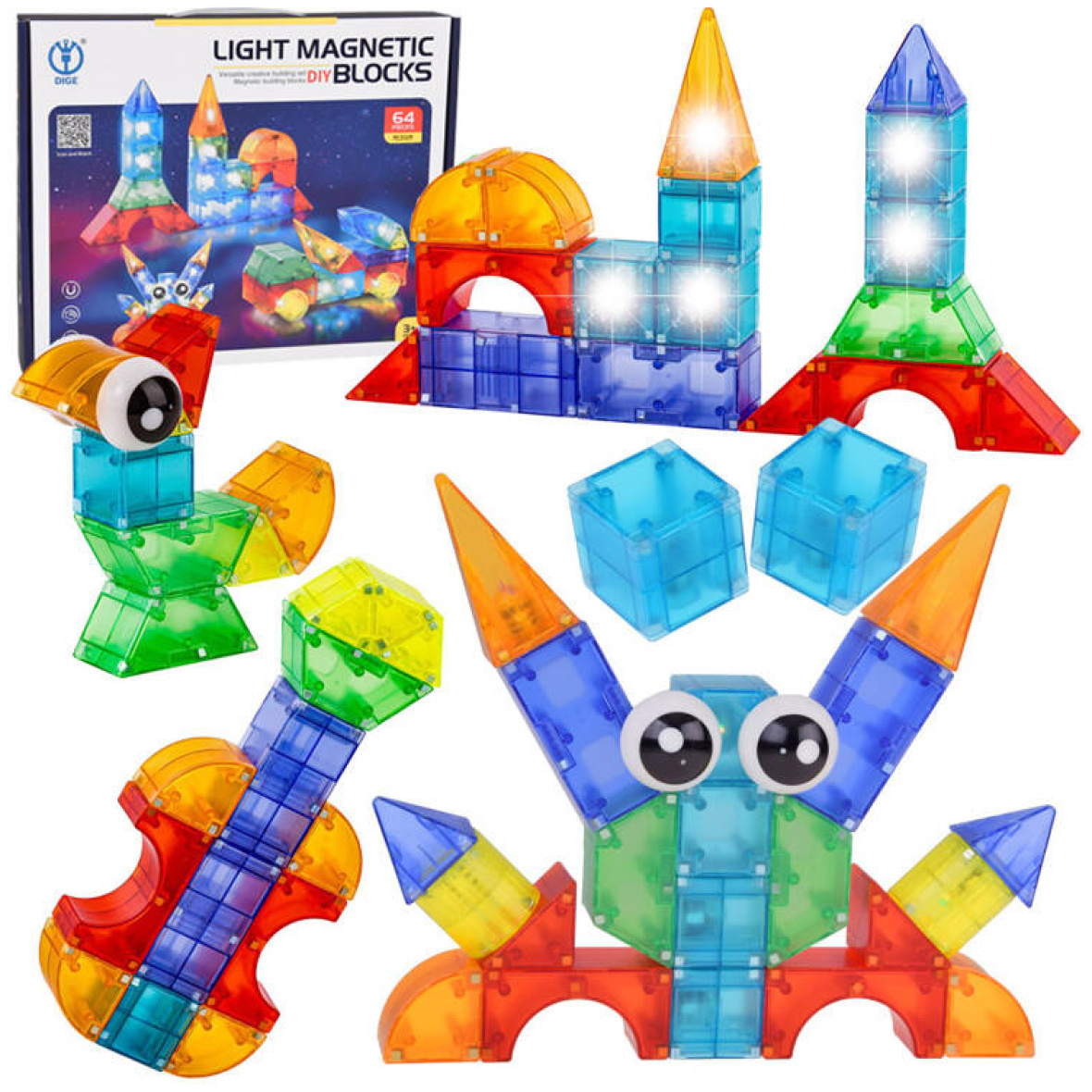 Valgustusega 3D magnetklotsid 64-osaline