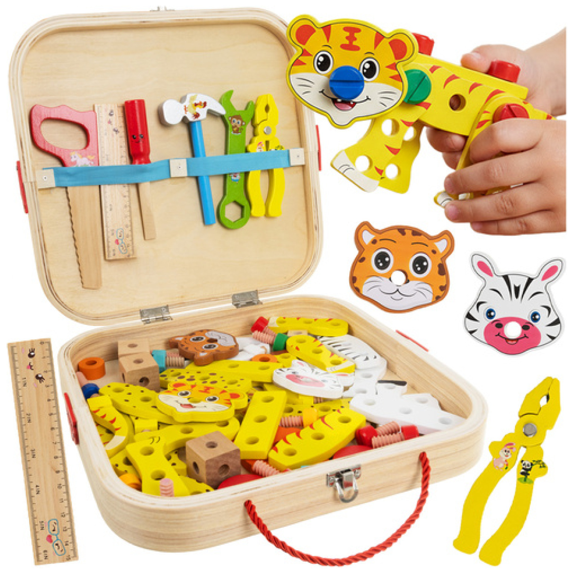 Ehituskomplekt lastele koos tööriistade ja loomakujudega