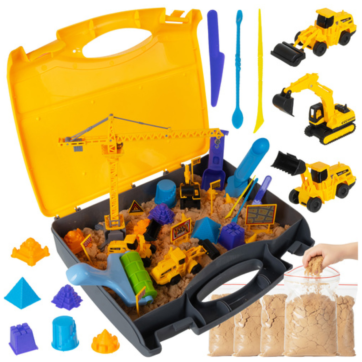 Suur kineetilise liivaga ehitusmäng masinatega