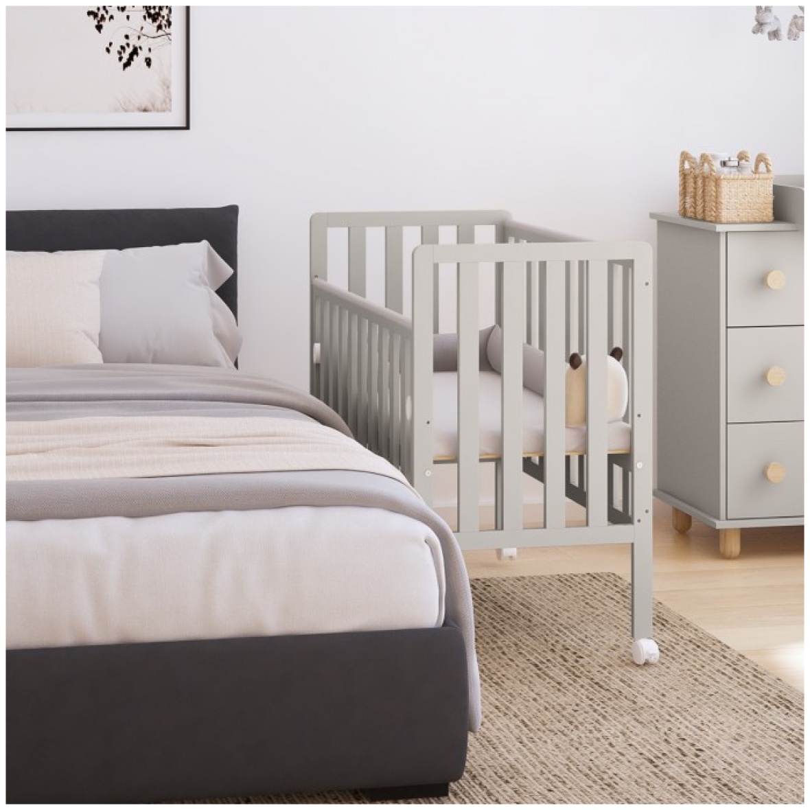 Beebivoodi BAMBI 100×50 allalastava külje ja ratastega beežikas-hall