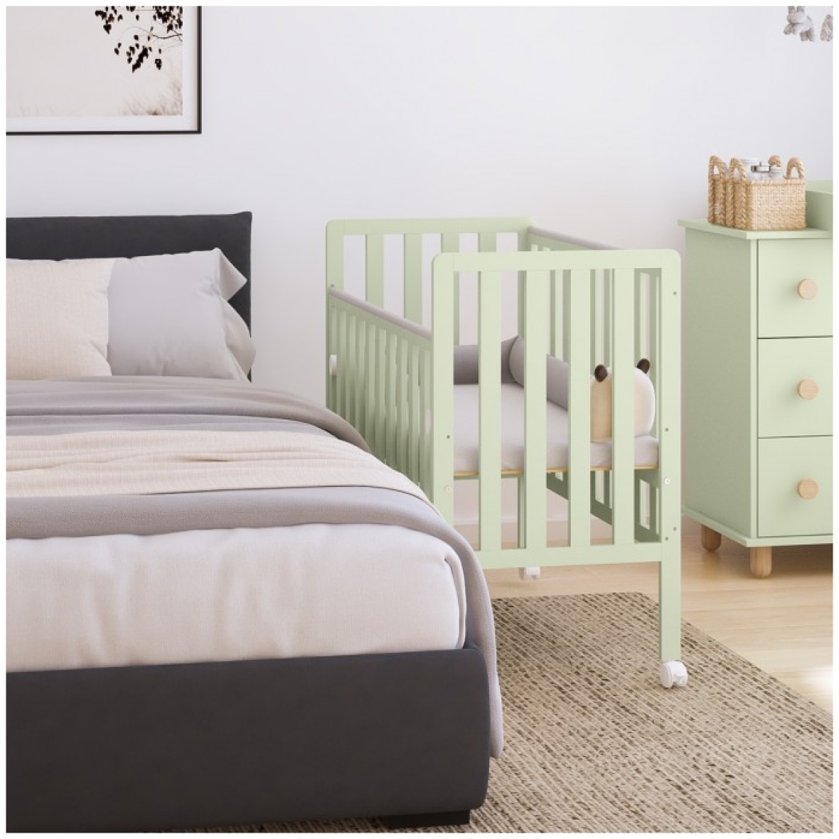 Beebivoodi BAMBI 100×50 allalastava külje ja ratastega münt