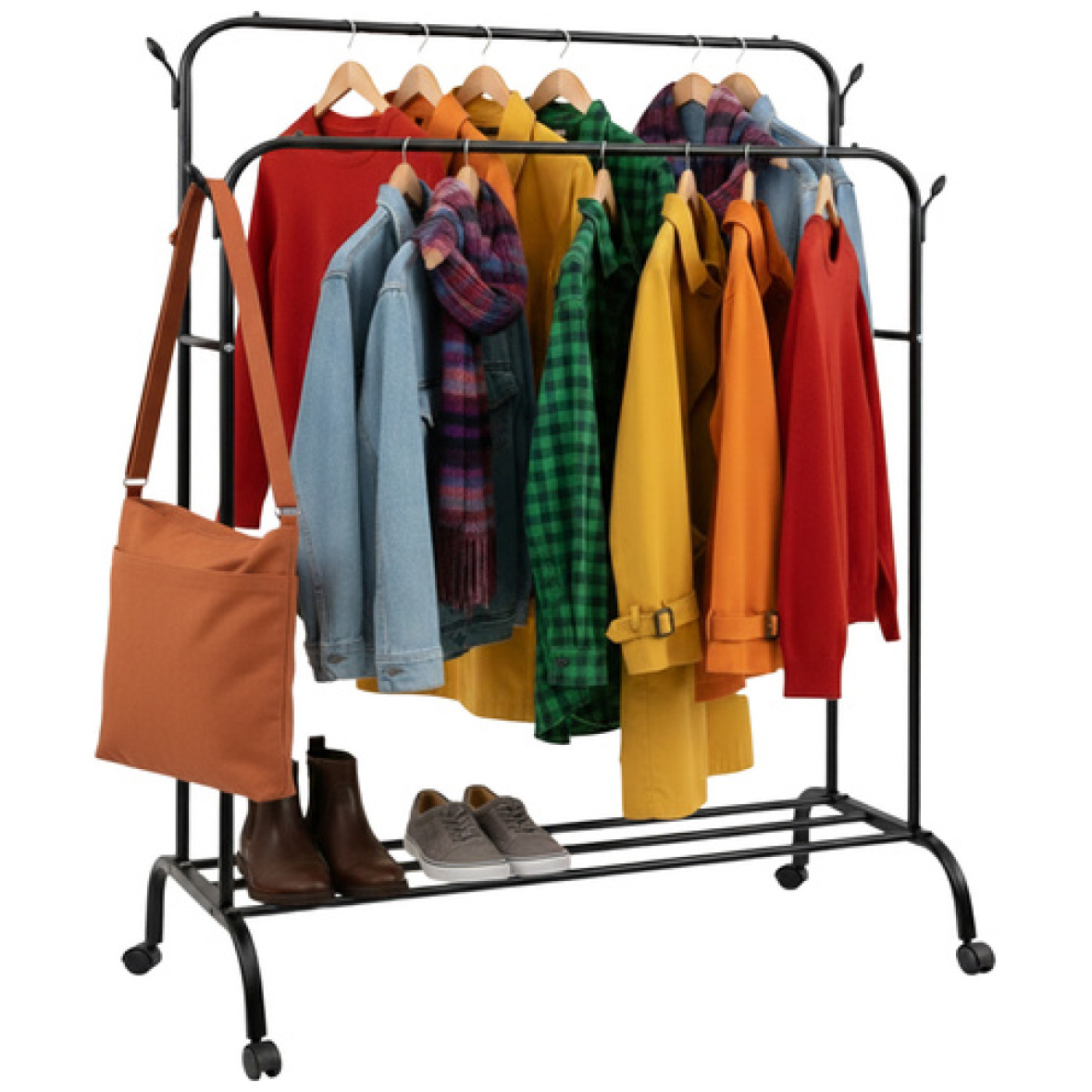 Riidepuu kahe riputustasandiga ratastel ja alumise riiuliga – must