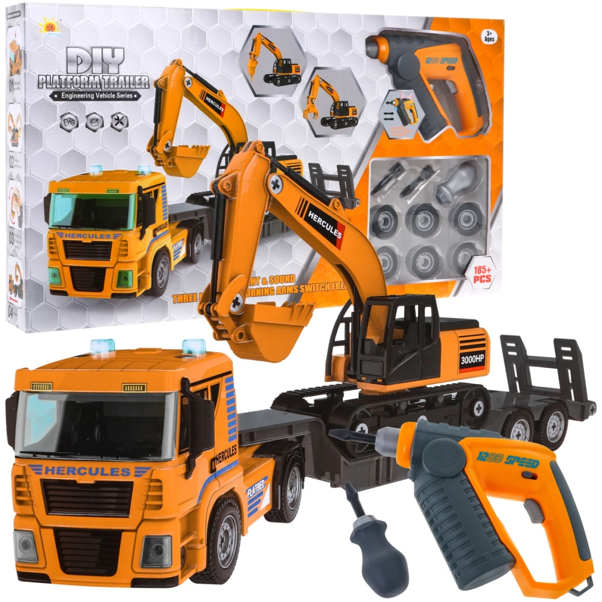 Kokkupandav veoauto ja ekskavaatori komplekt akutrelliga