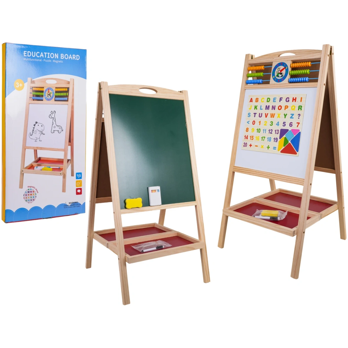 Suur puidust kahepoolne joonistustahvel koos tarvikutega