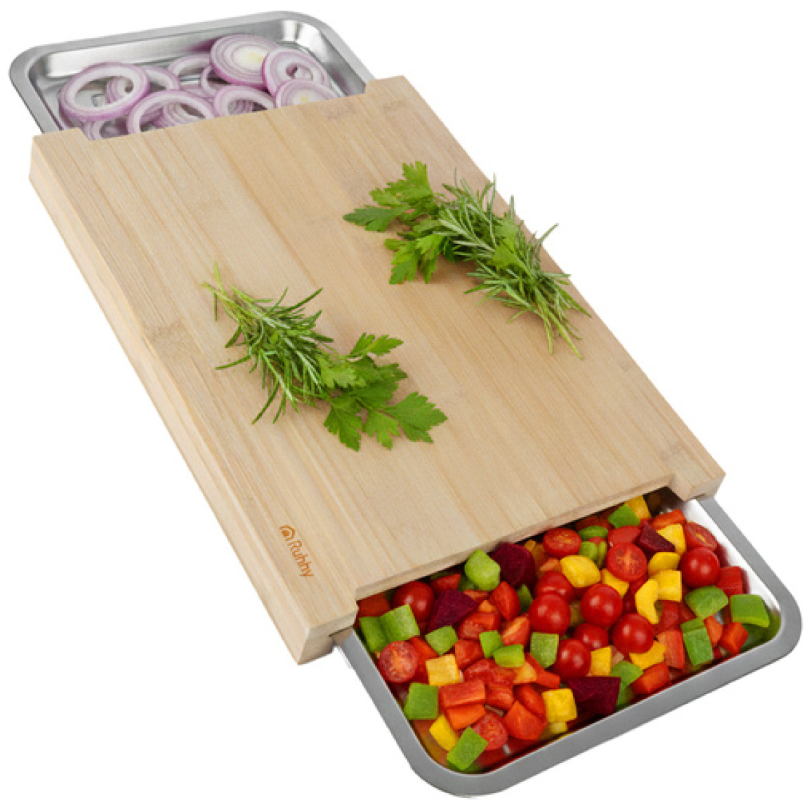 Bambusest lõikelaud väljatõmmatavate anumatega