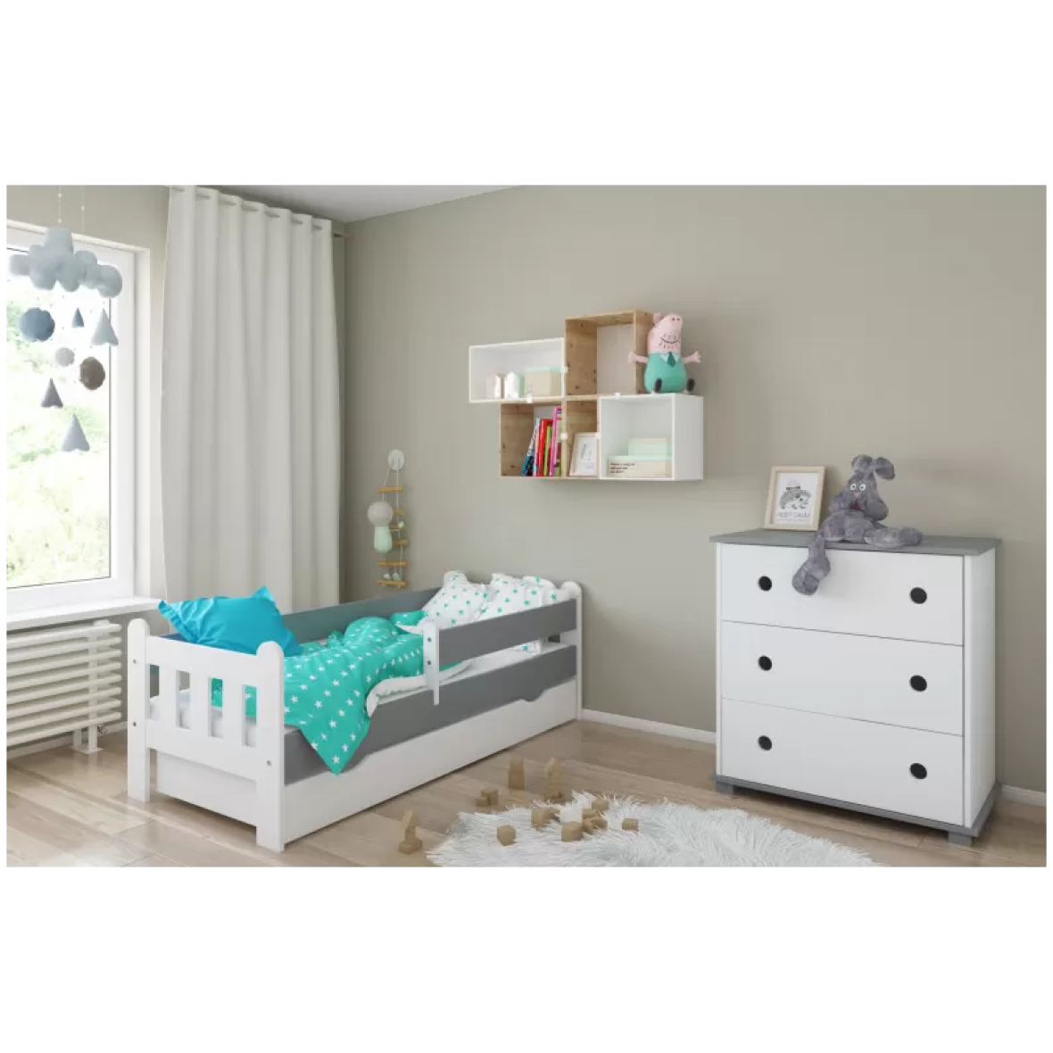 Lastevoodi Stas 160×80 pesukastiga valge/hall