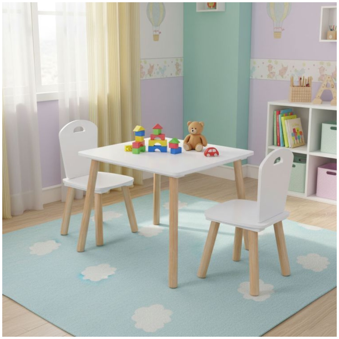 Lastemööbli komplekt: laud + 2 valget tooli