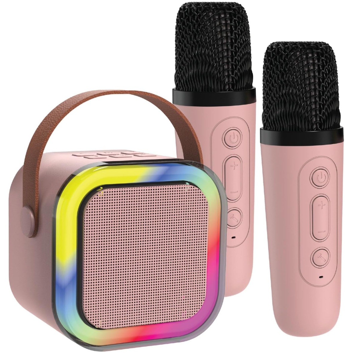 Led tuledega karaokekõlar +2 mikrofoni roosa