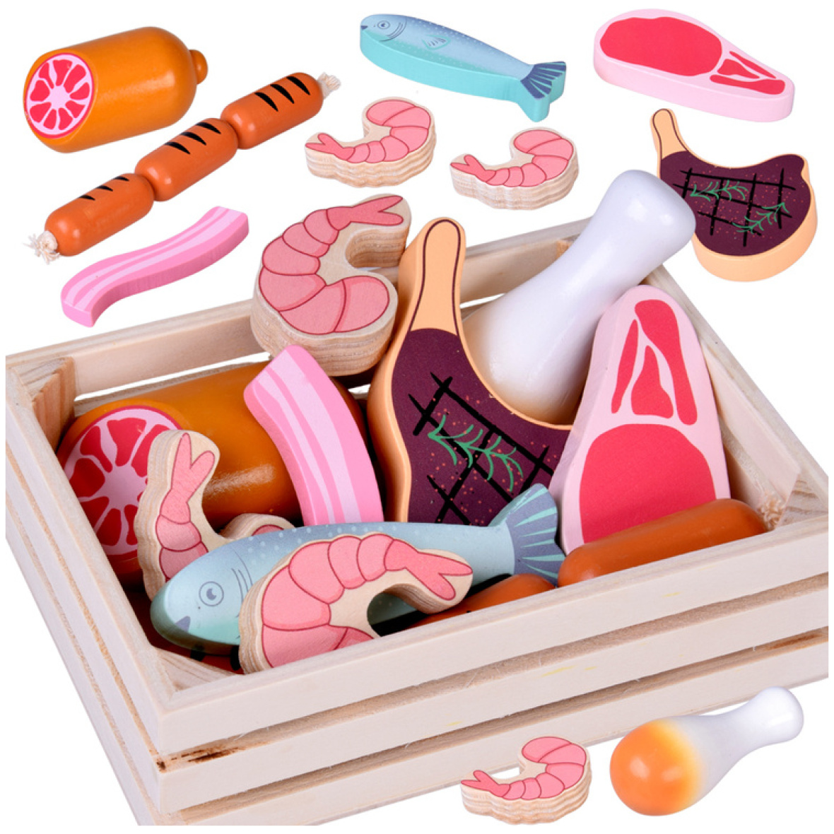 Puidust liha ja kalatoodete mängukomplekt