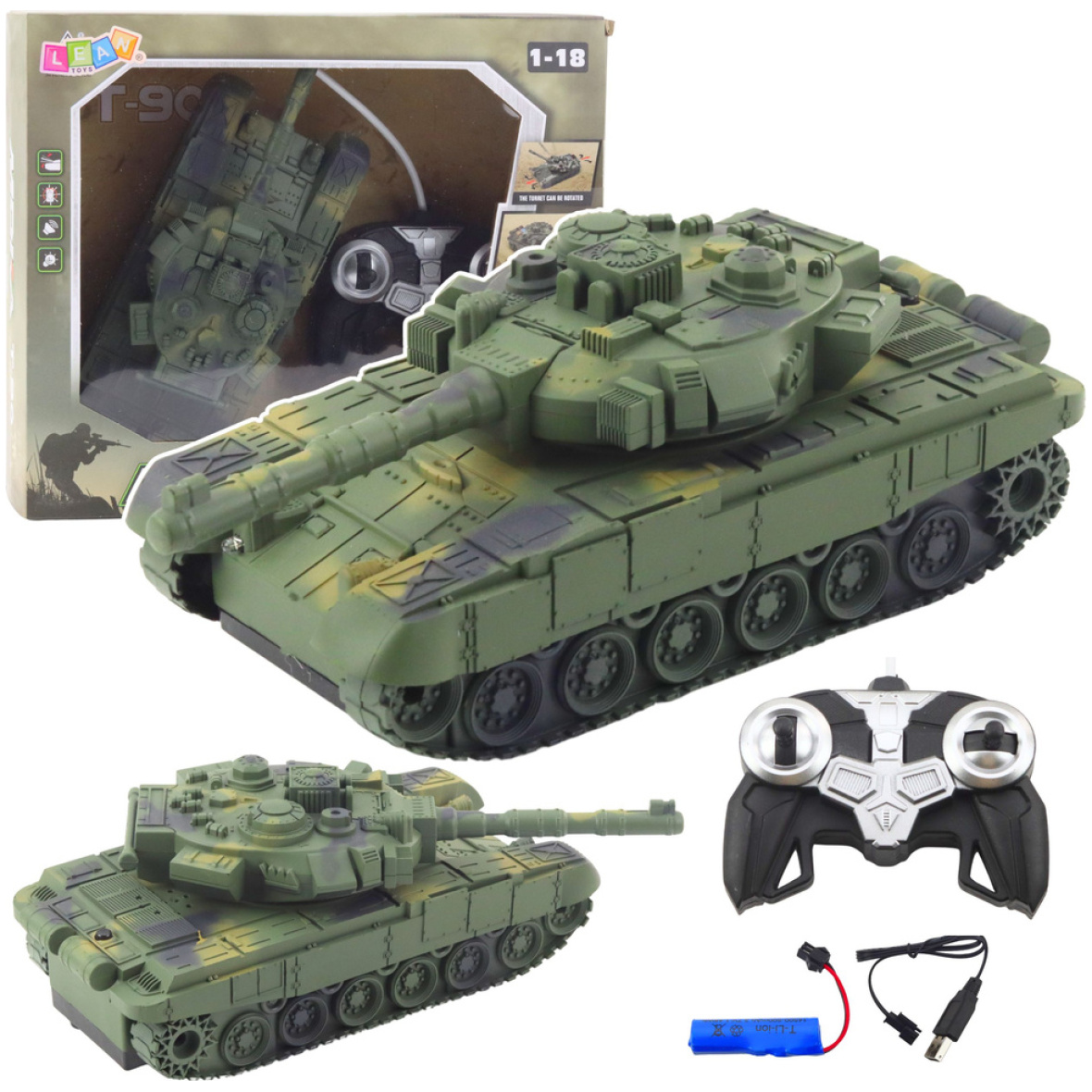 Kaugjuhitav tank T-90 tulede ja heliga 1:18, roheline